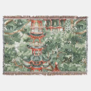 Watercolor Asian Pagoda in Verdant Landscape (17) Throw Blanket