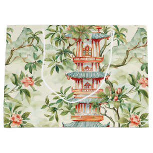 Watercolor Asian Pagoda in Verdant Landscape (1) Large Gift Bag
