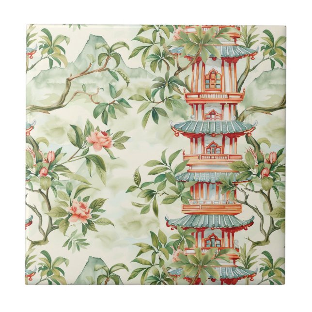Watercolor Asian Pagoda in Verdant Landscape (1) Tile (Front)
