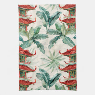 Watercolor Asian Pagoda in Verdant Landscape (2) Kitchen Towel