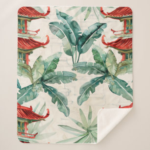 Watercolor Asian Pagoda in Verdant Landscape (2) Sherpa Blanket