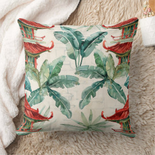 Watercolor Asian Pagoda in Verdant Landscape (2) Throw Pillow