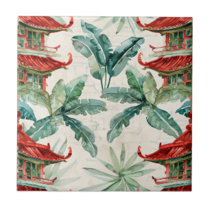 Watercolor Asian Pagoda in Verdant Landscape (2) Tile