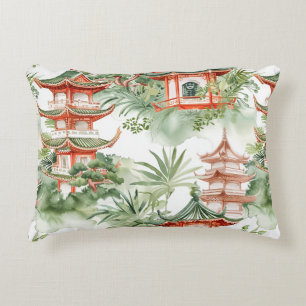 Watercolor Asian Pagoda in Verdant Landscape (3) Accent Pillow