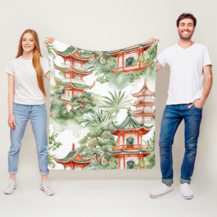 Watercolor Asian Pagoda in Verdant Landscape (3) Fleece Blanket