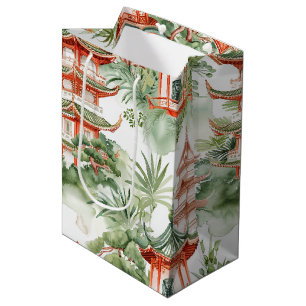 Watercolor Asian Pagoda in Verdant Landscape (3) Medium Gift Bag
