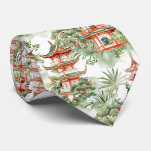 Watercolor Asian Pagoda in Verdant Landscape (3) Tie