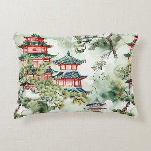 Watercolor Asian Pagoda in Verdant Landscape (4) Accent Pillow