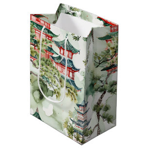 Watercolor Asian Pagoda in Verdant Landscape (4) Medium Gift Bag