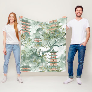 Watercolor Asian Pagoda in Verdant Landscape (5) Fleece Blanket