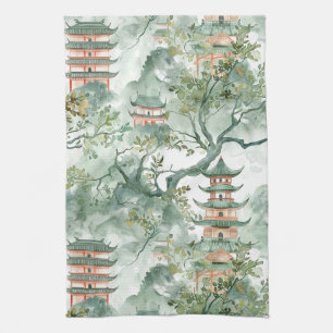 Watercolor Asian Pagoda in Verdant Landscape (5) Kitchen Towel