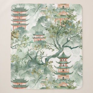 Watercolor Asian Pagoda in Verdant Landscape (5) Sherpa Blanket