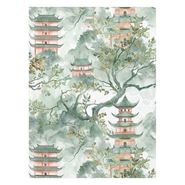Watercolor Asian Pagoda in Verdant Landscape (5) Tablecloth (Front)
