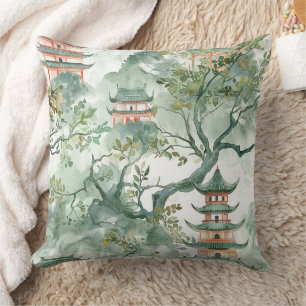 Watercolor Asian Pagoda in Verdant Landscape (5) Throw Pillow