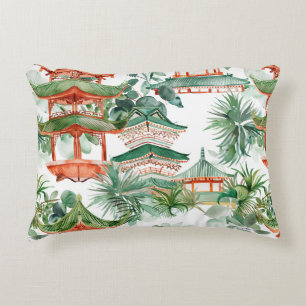 Watercolor Asian Pagoda in Verdant Landscape (7) Accent Pillow