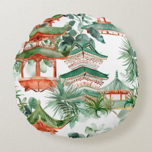 Watercolor Asian Pagoda in Verdant Landscape (7) Round Pillow