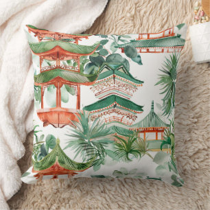 Watercolor Asian Pagoda in Verdant Landscape (7) Throw Pillow