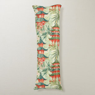 Watercolor Asian Pagoda in Verdant Landscape (8) Body Pillow