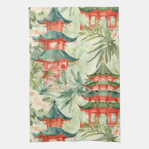 Watercolor Asian Pagoda in Verdant Landscape (8) Kitchen Towel