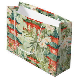 Watercolor Asian Pagoda in Verdant Landscape (8) Large Gift Bag