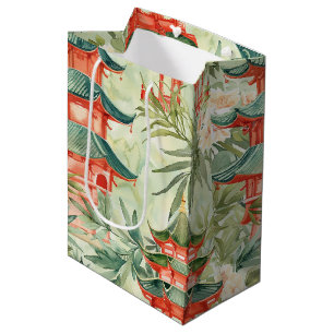 Watercolor Asian Pagoda in Verdant Landscape (8) Medium Gift Bag
