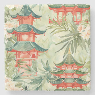 Watercolor Asian Pagoda in Verdant Landscape (8) Stone Coaster