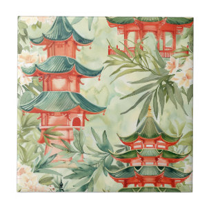 Watercolor Asian Pagoda in Verdant Landscape (8) Tile