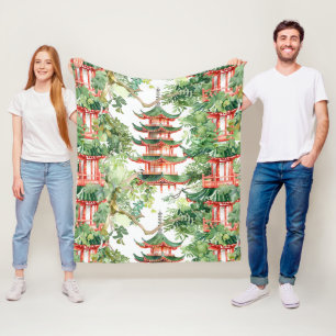 Watercolor Asian Pagoda in Verdant Landscape (9) Fleece Blanket