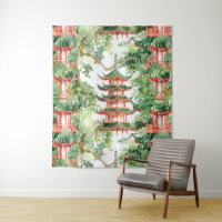 Watercolor Asian Pagoda in Verdant Landscape (9)