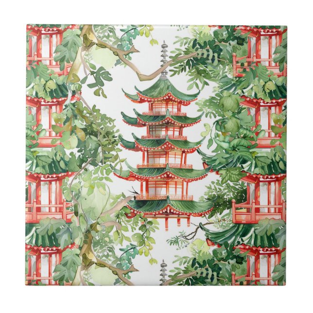 Watercolor Asian Pagoda in Verdant Landscape (9) Tile (Front)