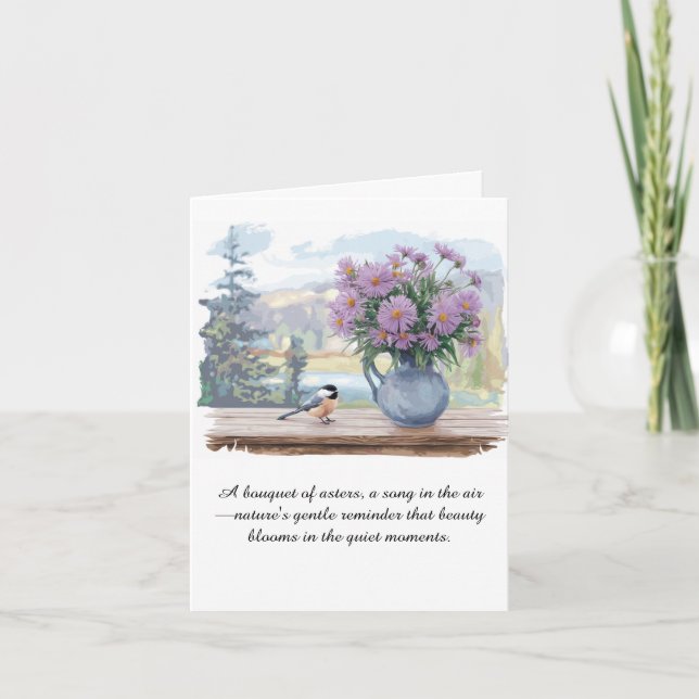 Watercolor Asters and Chickadee Quote Note Card (Front)