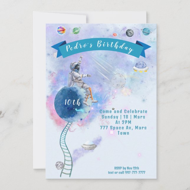 Watercolor Astronauts And Space Birthday Invitation (Front)