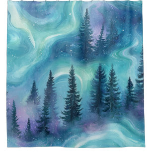 Watercolor Aurora Borealis Forest