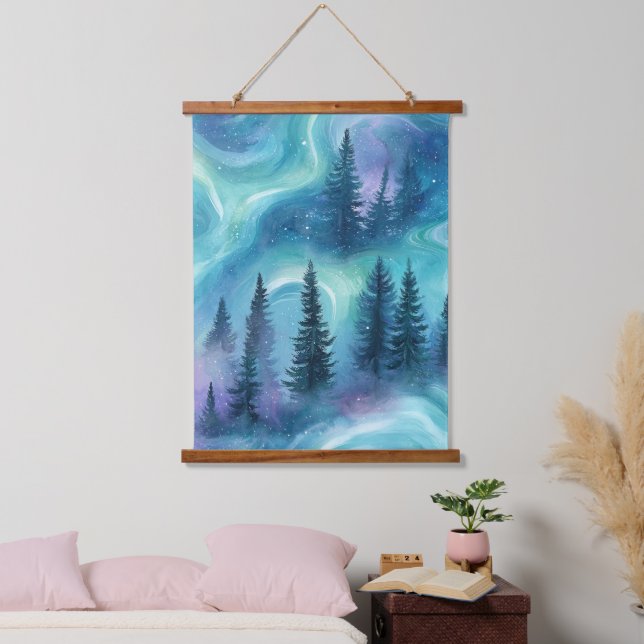 Watercolor Aurora Borealis Forest Hanging Tapestry (Bedroom)