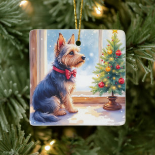 Watercolor Australian Terrier Tabletop Christmas Ceramic Ornament