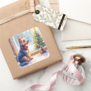Watercolor Australian Terrier Tabletop Christmas Square Sticker