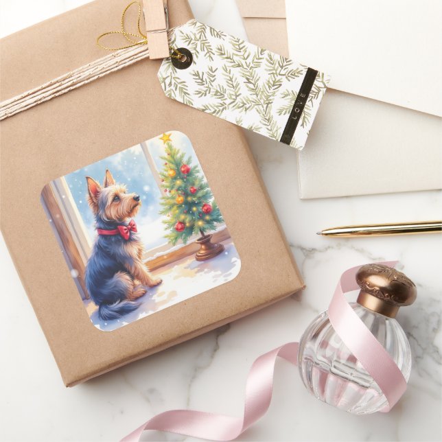 Watercolor Australian Terrier Tabletop Christmas Square Sticker (Gifting)