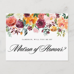 Watercolor Autumn Blooms Be My Matron of Honour Invitation Postcard