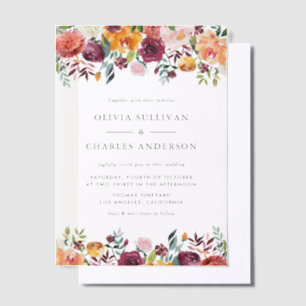 Watercolor Autumn Blooms Botanical Fall Wedding Vellum Invitations