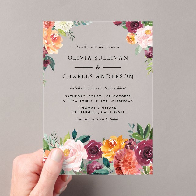 Watercolor Autumn Blooms Bouquet Wedding Acrylic Invitations (Insitu (Handheld))