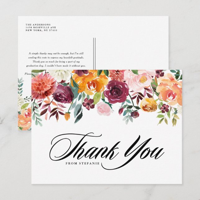 Watercolor Autumn Blooms Fall Graduation Thank You Postcard (Front/Back)