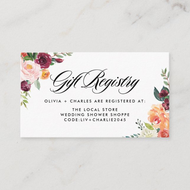 Watercolor Autumn Blooms Fall Wedding Registry Enclosure Card (Front)