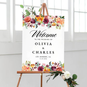 Watercolor Autumn Blooms Fall Wedding Welcome Poster