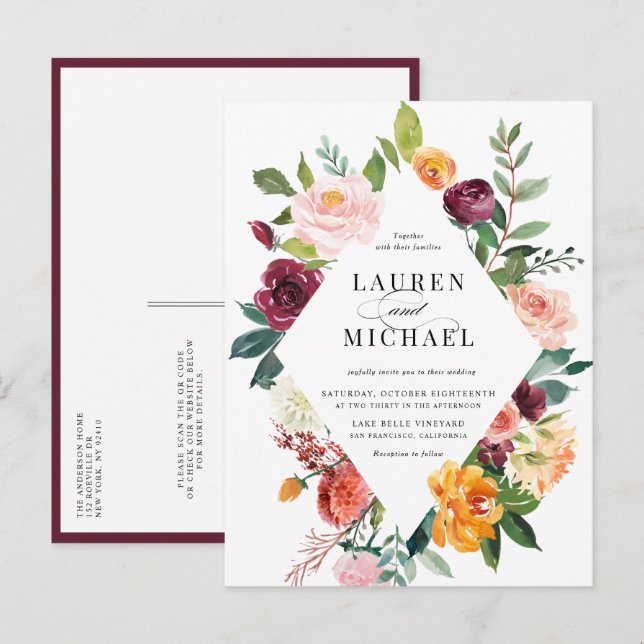 Watercolor Autumn Blooms Frame QR Code Wedding Invitation Postcard (Front/Back)