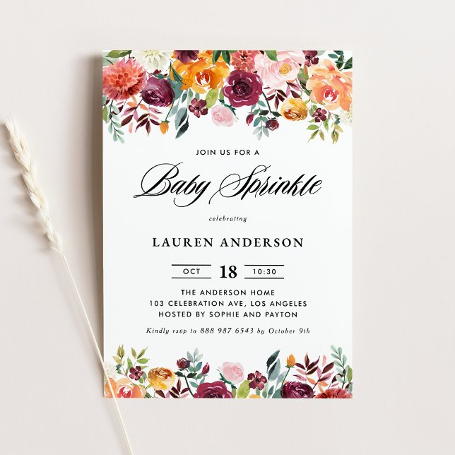 Watercolor Autumn Blooms Garland Baby Sprinkle Invitation (Creator Uploaded)