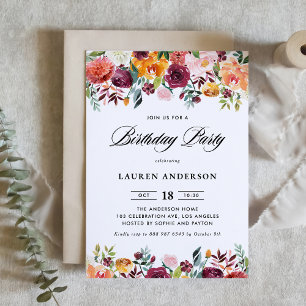 Watercolor Autumn Blooms Garland Birthday Party Invitation