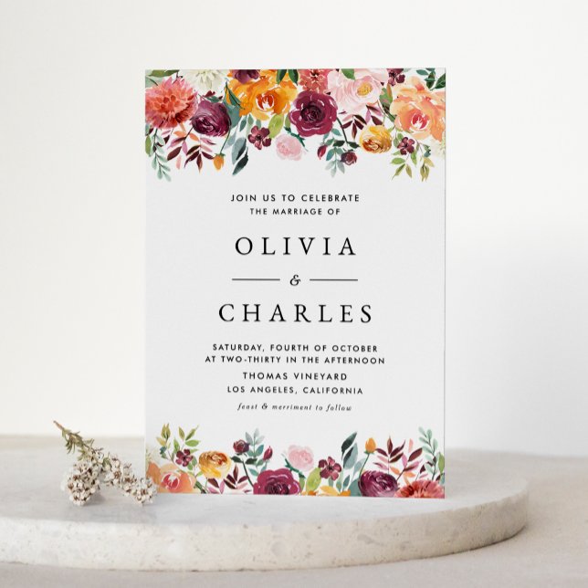 Watercolor Autumn Blooms Garland Fall Wedding Invitation Postcard (Watercolor Autumn Blooms Garland Fall Wedding Invitation Postcard)