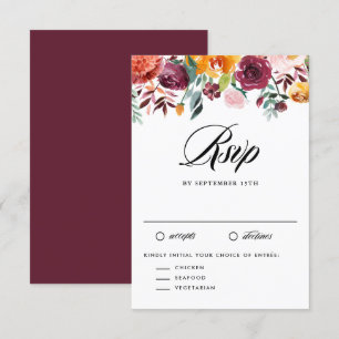 Watercolor Autumn Blooms Garland Fall Wedding RSVP Card