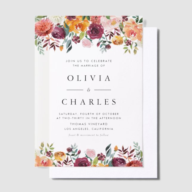 Watercolor Autumn Blooms Garland Fall Wedding Vellum Invitations (Offset)