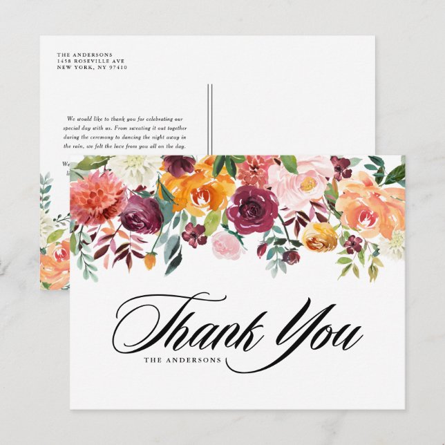 Watercolor Autumn Blooms Garland Floral Thank You Postcard (Front/Back)
